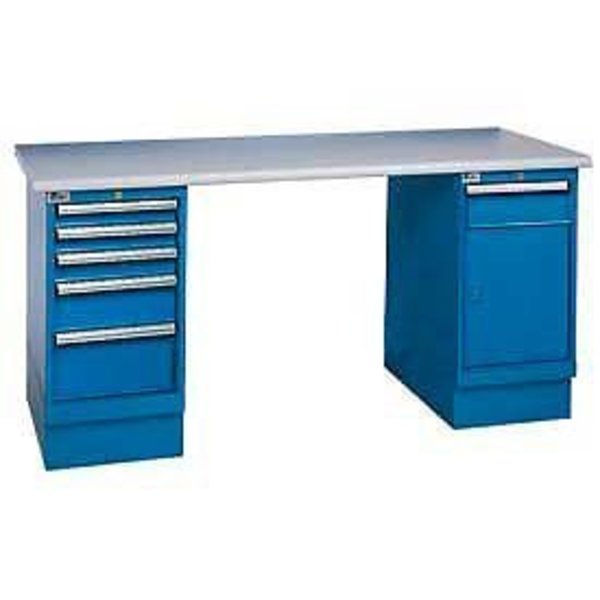 Global Equipment 72x30 Square Plastic Pedestal Workbench with 5 Drawers   Cabinet 253859